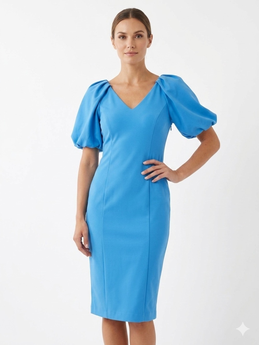 Maison Tara Blue Puff Sleeve V-Neck Dress Size 6 Stretch